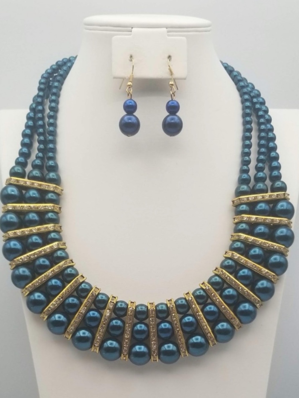 Elegant Blue Pearl Statement Necklace & Earrings Set
